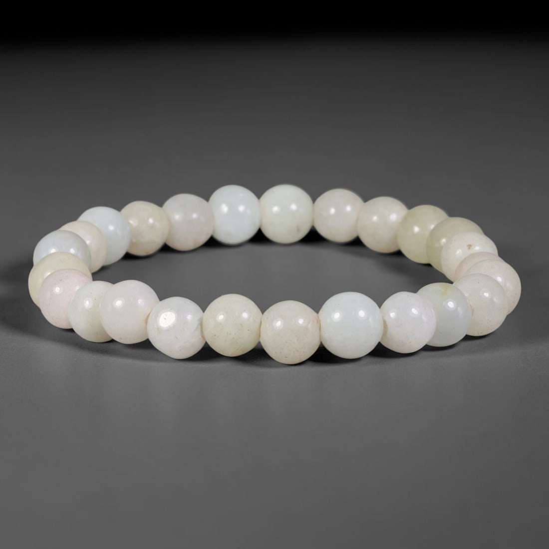 Natural Burmese Type A Milky Off-White Jadeite Jade Beaded Bracelet, 17TA: Crafted from untreated natural Burmese Type A jadeite jade beads with maximum bead dimension of 8.02mm, this single-loop bracelet consists of smoothly polished round beads dominated by soft milky off-