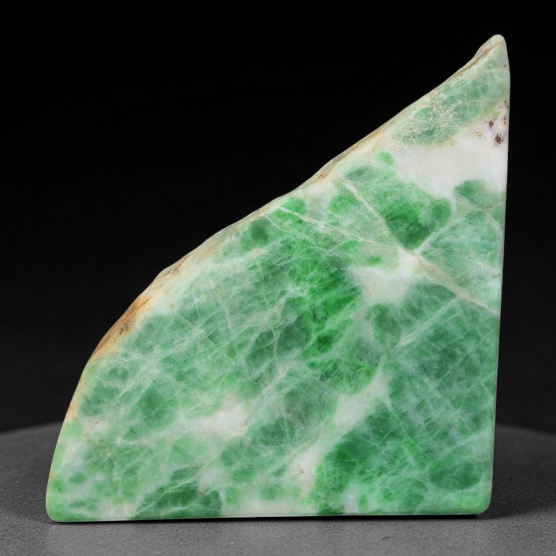 113ct Natural Type A Burmese Jadeite Jade Sliced Rough, 35YK: This specimen is a sliced rough block of natural Type A Burmese jadeite jade. The interior displays natural colour zoning with visible mineral veining and crystalline patterns typical of unprocessed j