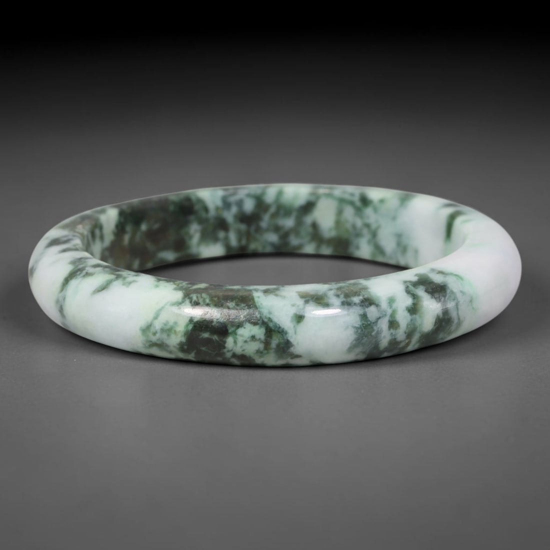 Natural Burmese Type A Jadeite Jade Bangle Bracelet, 28TD: Crafted from natural Burmese type-A jadeite, this medium-width bangle features a striking marbled appearance with milky white base interwoven with heavy dark forest-green and deep teal cloud-like mott