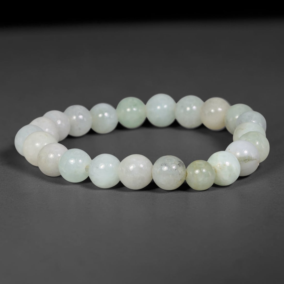 Natural Burmese Type A Pale Green White Jadeite Jade Beaded Bracelet, 90TA: Crafted from untreated natural Burmese Type A jadeite jade beads with maximum bead dimension of 8.68mm, this wearable strand features a gentle polished finish displaying soft pale green and white natu