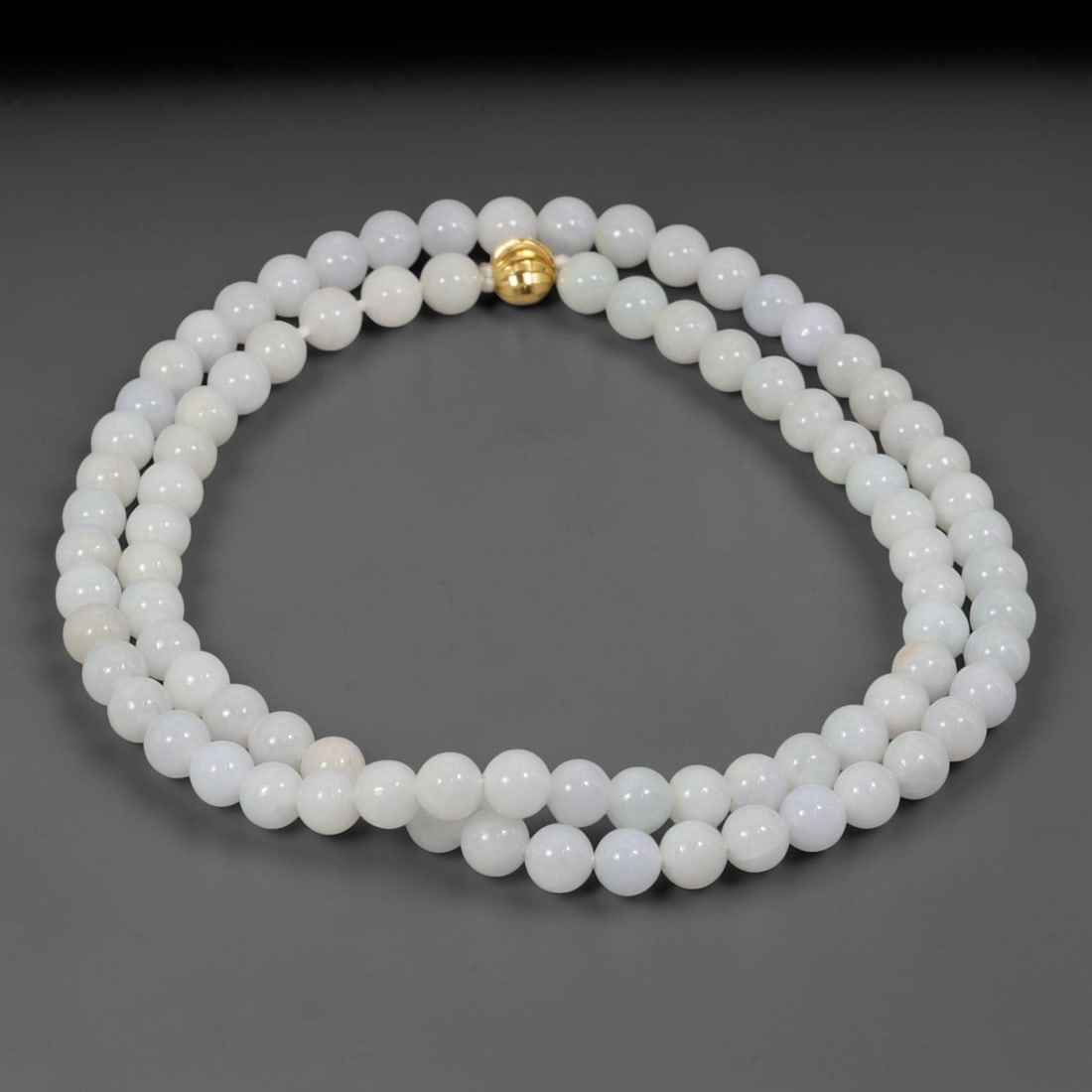 Natural Burmese Type A Pure White Jadeite Jade Beaded Necklace, 8WY: Crafted from natural untreated Burmese Type A jadeite, each spherical bead presents a uniform pale white mineral composition formed by natural geological crystallization, finished with consistent lapi