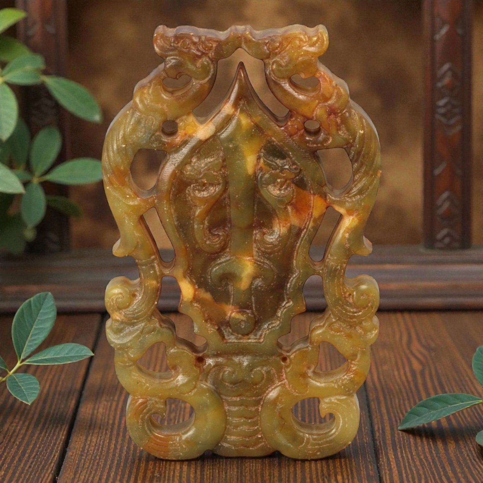 A Chinese Hardstone Openwork Plaque with Archaistic Mask Motif, 20th Century, 8YB (1 of 2)