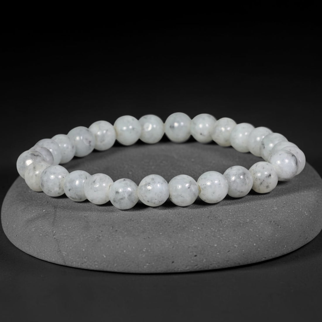 Natural Burmese Type A Pale White Speckled Jadeite Jade Beaded Bracelet, 81TA: Crafted from untreated natural Burmese Type A jadeite jade beads with maximum bead dimension of 7.54mm, this wearable strand features a gentle polished finish displaying soft pale white natural minera