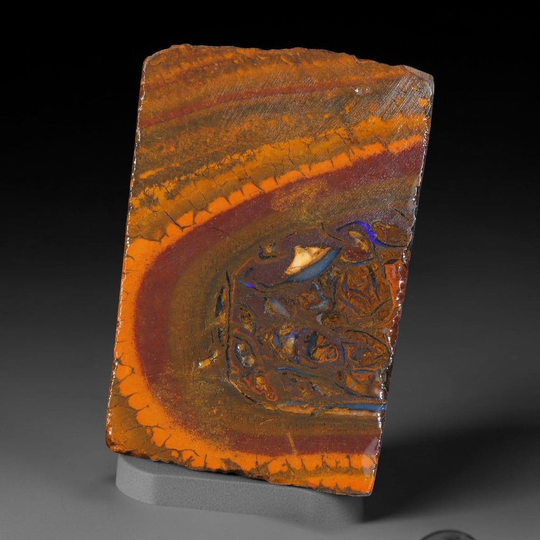 44.57ct Natural Australian Queensland Boulder Opal Sliced Slab Cutting Rough, 13YL: Natural sliced slab rough of Queensland boulder opal cutting grade, featuring rich color ironstone matrix with patterns. The face clearly reveals extensive opal veining and pocket formations running t