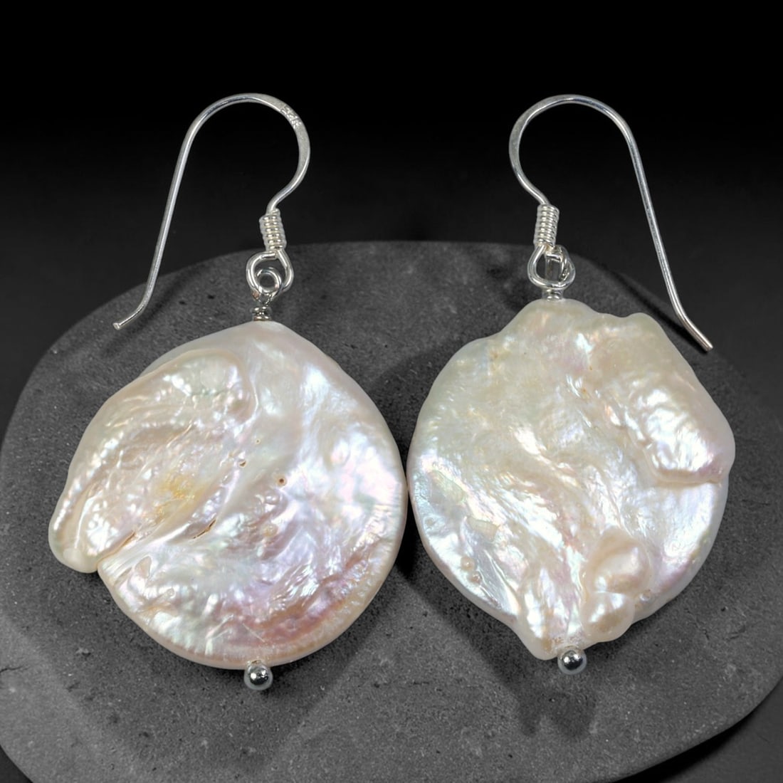 Natural Baroque Keshi Pearl Dangle Drop Earrings, 38WE: Handcrafted matching drop earrings showcasing large flat organic keshi baroque freshwater pearls with freeform petal silhouettes. Each pearl features undulating natural nacre textures and luminous cre