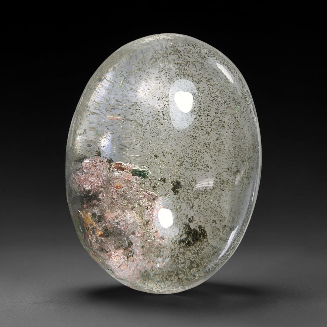 23.31ct Natural Brazilian Phantom Quartz Oval Cabochon Loose Gemstone, 48YX: This smoothly polished cabochon of natural phantom quartz preserves delicate layered phantom crystal formations enclosed inside transparent quartz host. The domed polished surface offers unobstructed 