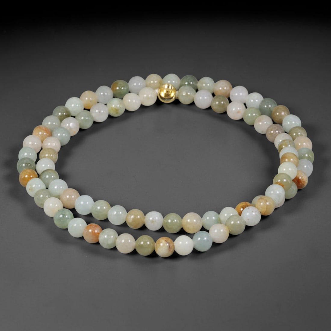 Natural Burmese Type A Multi-Color Mixed Tones Jadeite Jade Beaded Necklace, 26TF: Crafted from natural Burmese type-A jadeite, this substantial-size beaded necklace is composed of smooth polished round beads measuring 7.7mm each. The strand showcases a harmonious blend of soft cela