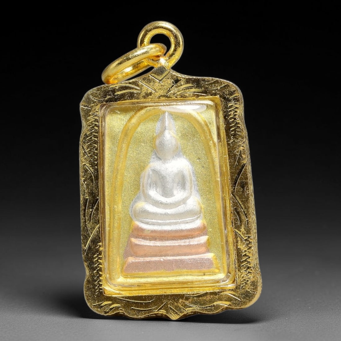 Thai Rectangular Tri-Color Phra Somdej Dual-Sided Gold Plated Metal Casing Amulet, 57YY: Rectangular wavy-edged Phra Somdej Buddha amulet crafted with tri-color silver, rose gold and gold embossing, sealed under clear transparent cover inside fully hand-engraved golden casing. The front s
