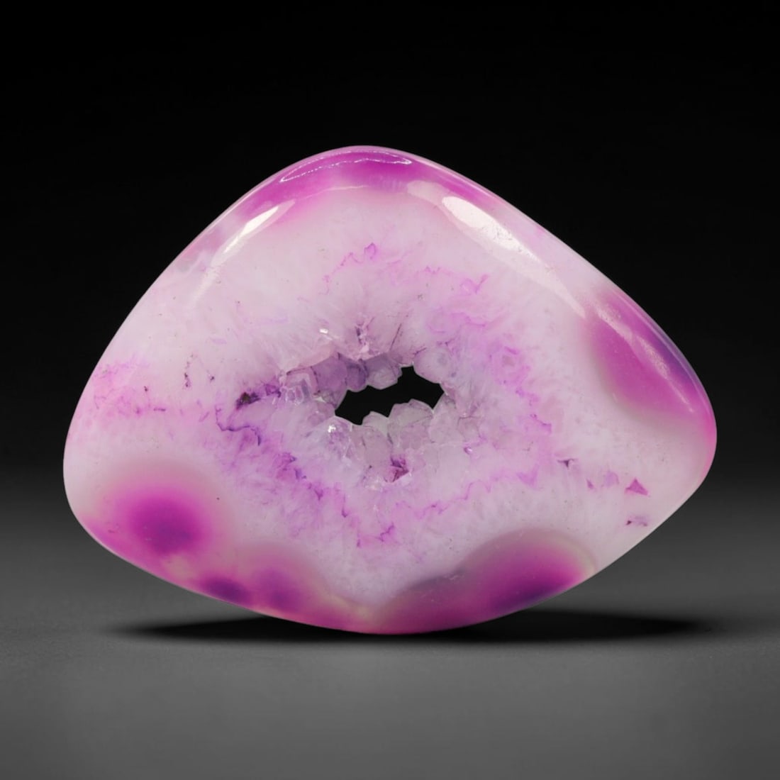 28.04 Carats Magenta Druzy Agate Trillion Cabochon - Natural Dyed Brazilian Stone, 99XB: This one-of-a-kind magenta druzy agate cabochon, measuring 31.2 x 23 x 5.3 mm, is a striking celebration of color and natural texture. Polished to a smooth, flowing trillion shape, the stone reveals a