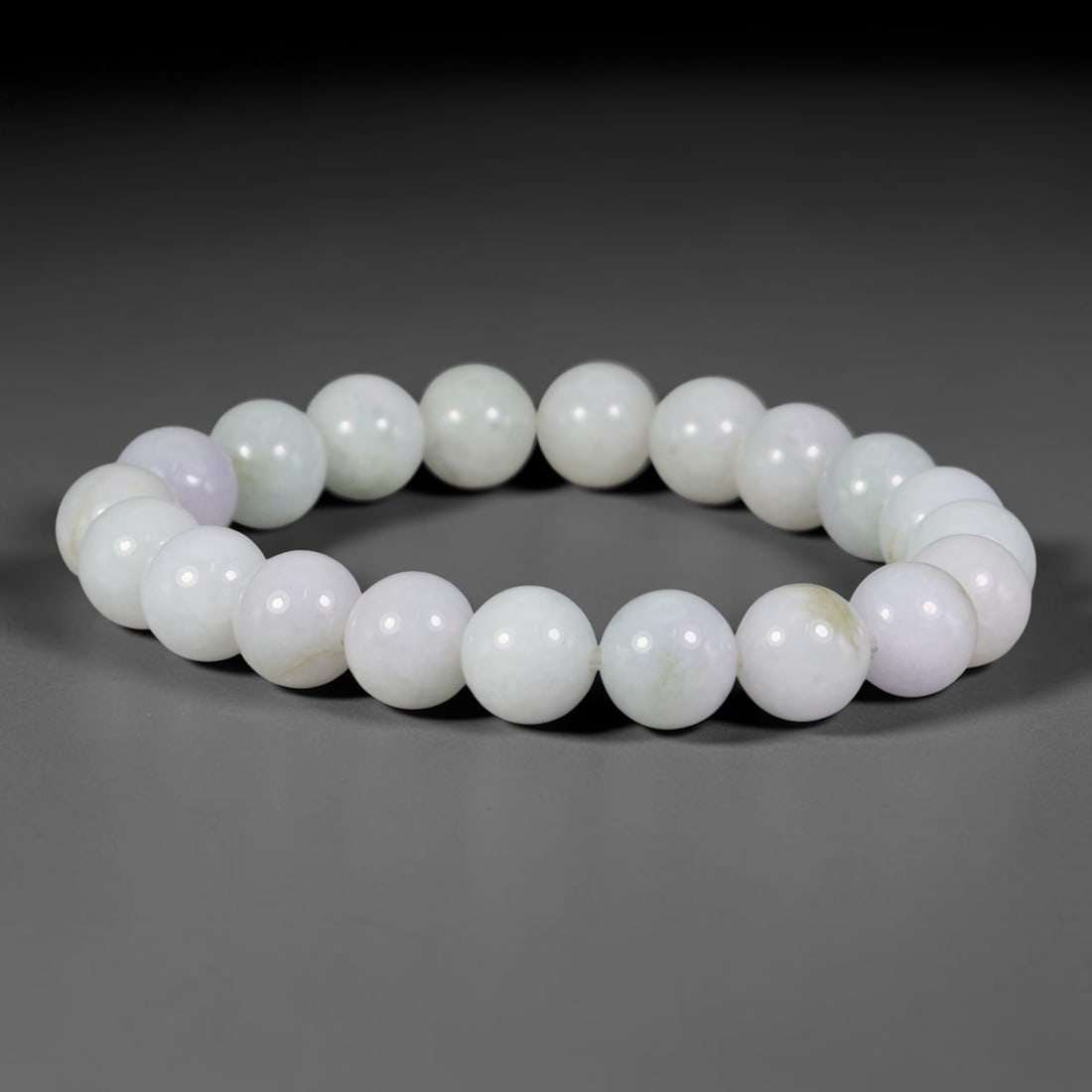 Natural Burmese Type A Milky White Pale Lavender Jadeite Jade Beaded Bracelet, 13TA: Handcrafted from fully untreated authentic Burmese Type A jadeite, this bracelet features evenly polished medium round beads dominated by soft milky white with gentle pale lavender undertones and fain