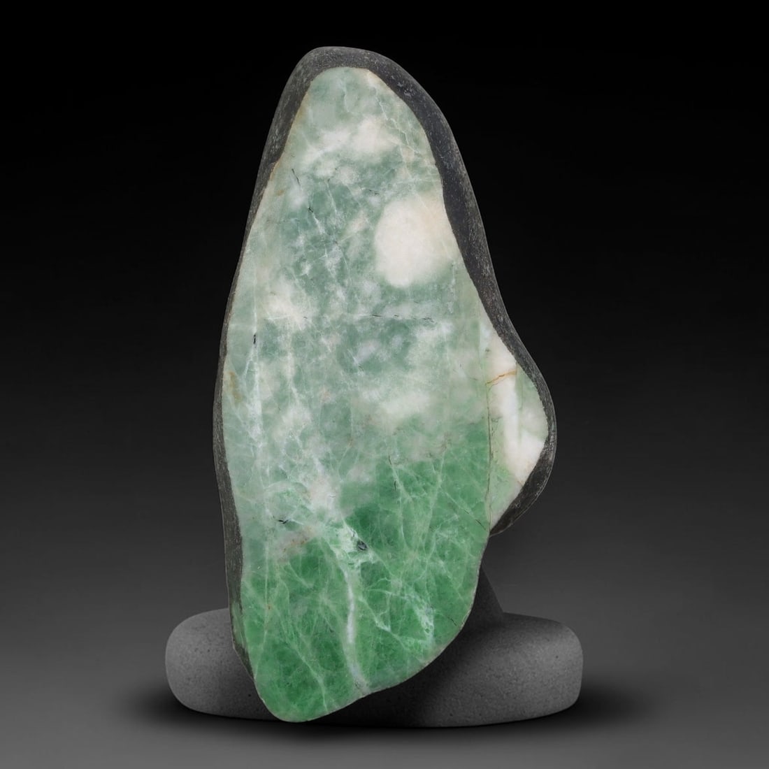 188ct Natural Type A Burmese Jadeite Jade Sliced Rough, 19YN: This specimen is a sliced rough block of natural Type A Burmese jadeite jade. The interior displays natural colour zoning with visible mineral veining and crystalline patterns typical of unprocessed j