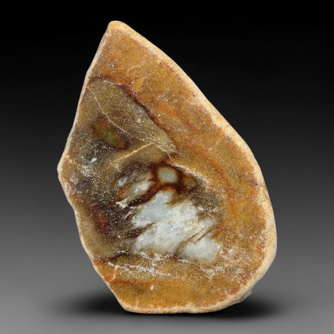 310ct Natural Type A Burmese Brown Rind Landscape Pattern Jadeite Jade Sliced Rough, 46YN: This specimen is a natural sliced rough piece of untreated Type A Burmese jadeite, with fully weathered brown oxidized outer skin covering both faces, revealing internal swirling reddish-brown banding