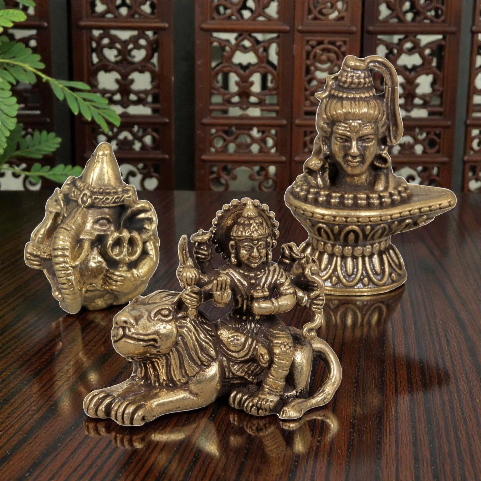 Thai Vintage Copper Alloy Hindu Deity Devotional Figures - 3pcs Set, 91ZB: This set of three devotional figures is crafted from copper alloy, exhibiting a warm aged patina and fine surface wear consistent with vintage Thai folk religious art. The pieces depict revered Hindu 