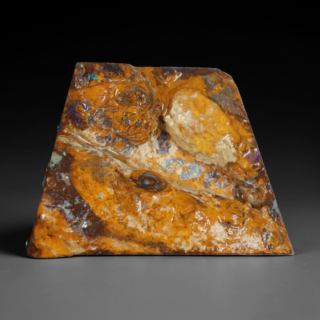 118.06ct Natural Australian Queensland Boulder Opal Sliced Slab Cutting Rough, 64YL: Natural sliced slab rough of Queensland boulder opal cutting grade, featuring rich color ironstone matrix with patterns. The face clearly reveals extensive opal veining and pocket formations running t