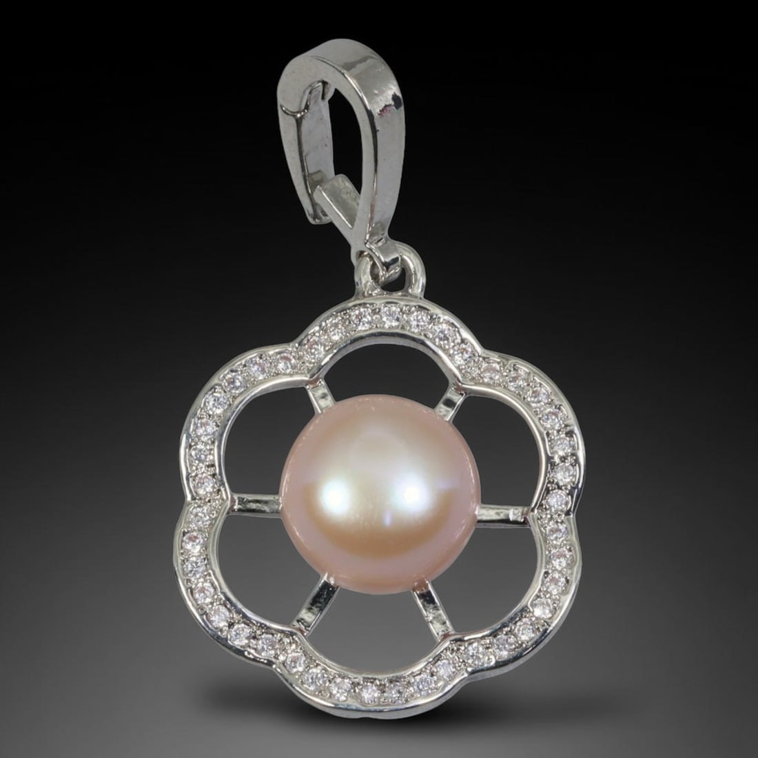 Four-Leaf Clover Freshwater Pearl Clip-On Pendant with Cubic Zirconia Halo, 98WP: Elegant clip-on bail pendant crafted in polished silver-toned metal, measuring 24.3x21.4x8.4mm overall. At the heart sits a smooth, lustrous peach pink freshwater pearl secured by four thin metal pron