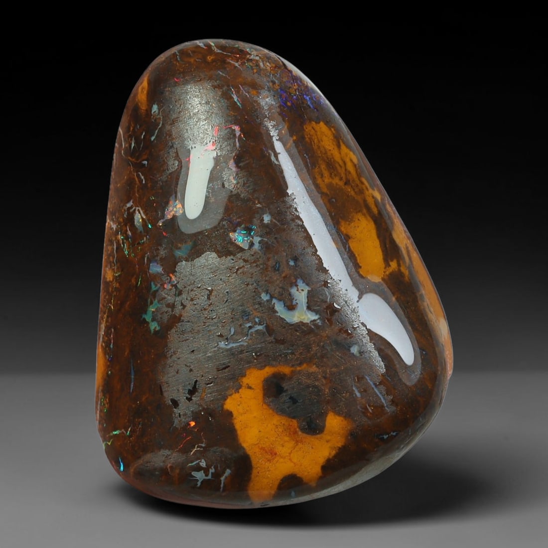 23.67ct Natural Australian Queensland Boulder Opal Sliced Slab Cutting Rough, 8YP: Natural sliced slab rough of Queensland boulder opal cutting grade, featuring rich color ironstone matrix with patterns. The face clearly reveals extensive opal veining and pocket formations running t