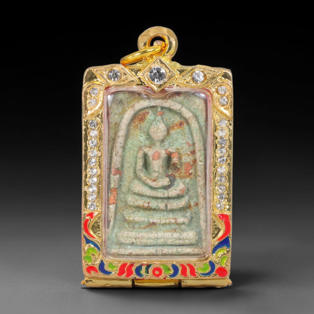 Thai Gilded Clay Metal Amulet Buddhist Votive Pendant, 18ZB: Constructed from fired clay with light gilded finishing layers, the piece uses traditional molded crafting techniques typical of Southeast Asian devotional artifacts. Its rectangular form follows stan