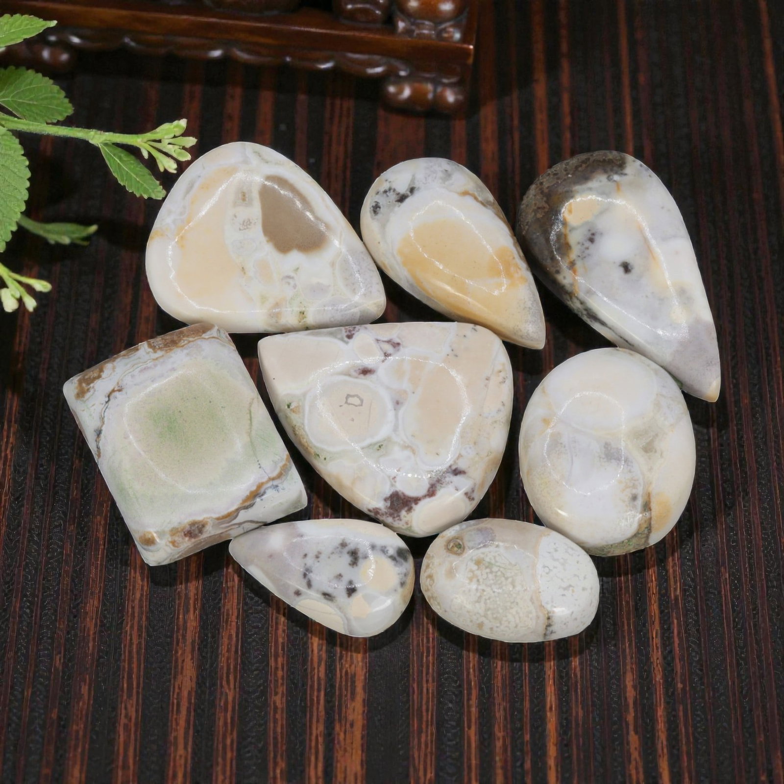 439.27 Carats Snake Jasper Cabochon Parcel (8 Pieces), 63WC: This curated set of 8 polished snake jasper cabochons showcases a serene, earthy palette of soft creams, whites, and muted beiges, accented by subtle hints of green, brown, and grey. Each stone featur