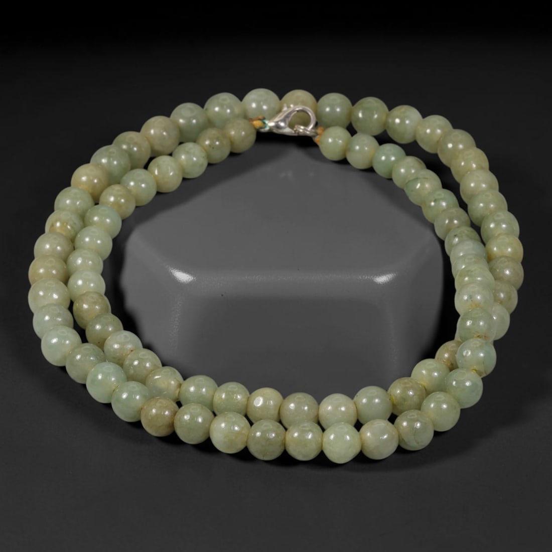 Natural Burmese Type A Pale Celadon Jadeite Jade Beaded Necklace, 6TF: Strung from untreated natural Burmese Type A jadeite jade spherical beads with maximum bead dimension of 7.9mm, this strand carries a consistent smooth polished finish displaying soft pale celadon min