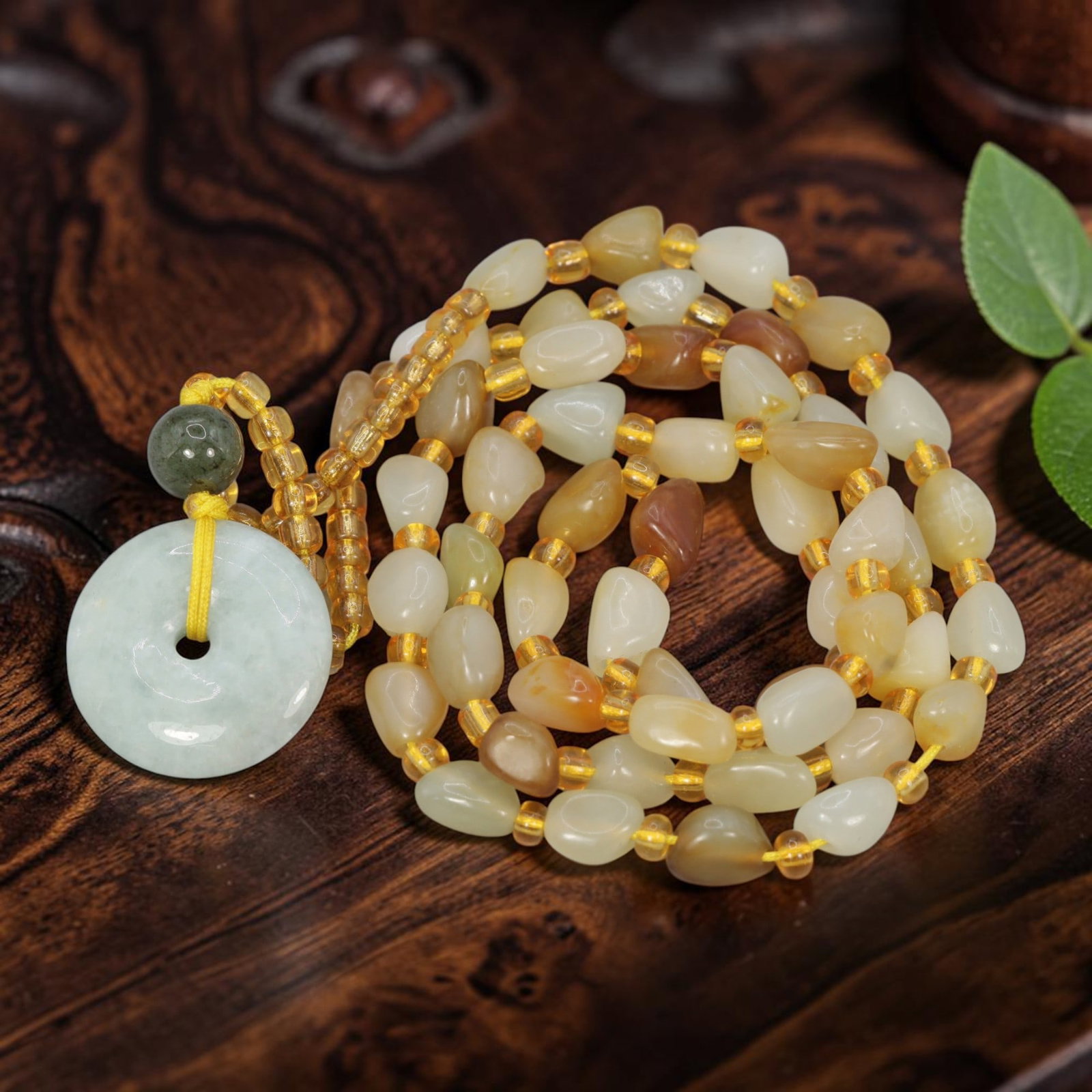 Natural Xinjiang Hetian Jade Necklace - Chinese Jade Bi Pendant, 90YJ: This necklace features a natural jade bi disc pendant paired with matching Xinjiang Hetian jade pebble beads, accented with translucent yellow spacer beads and a dark green accent bead. The pendant is