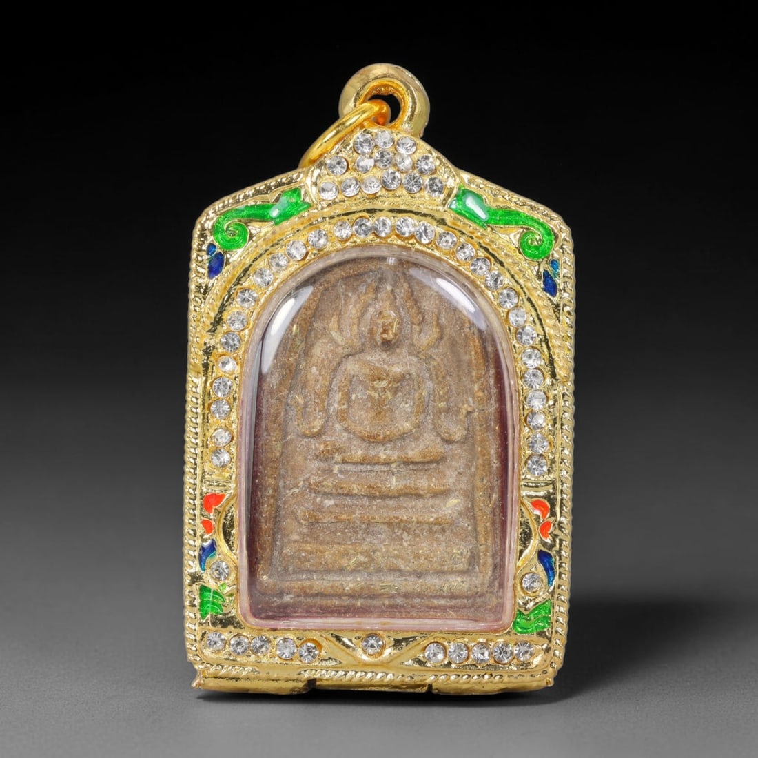 Thai Gilded Clay Metal Amulet Buddhist Votive Pendant, 8ZB: Constructed from fired clay with light gilded finishing layers, the piece uses traditional molded crafting techniques typical of Southeast Asian devotional artifacts. Its rectangular form follows stan