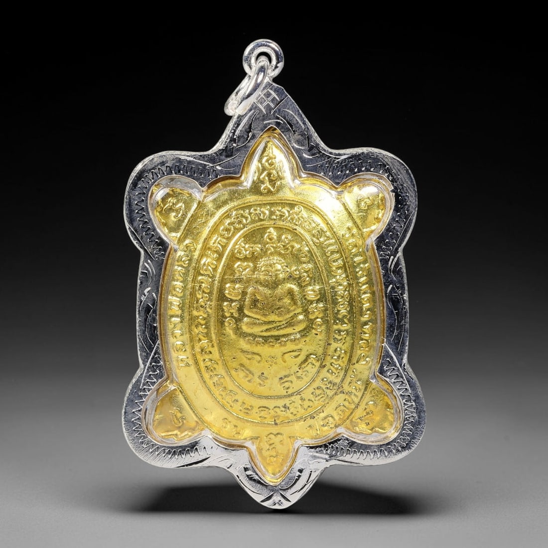 Thai Wealth Tortoise Turtle Luang Phor Dual-Sided Silver Plated Metal Casing Amulet, 32YY: Traditional turtle-shaped Thai wealth tortoise amulet with golden metal core sealed under clear transparent cover, encased in hand-engraved silver-plated metal casing with polished silver-toned metal 