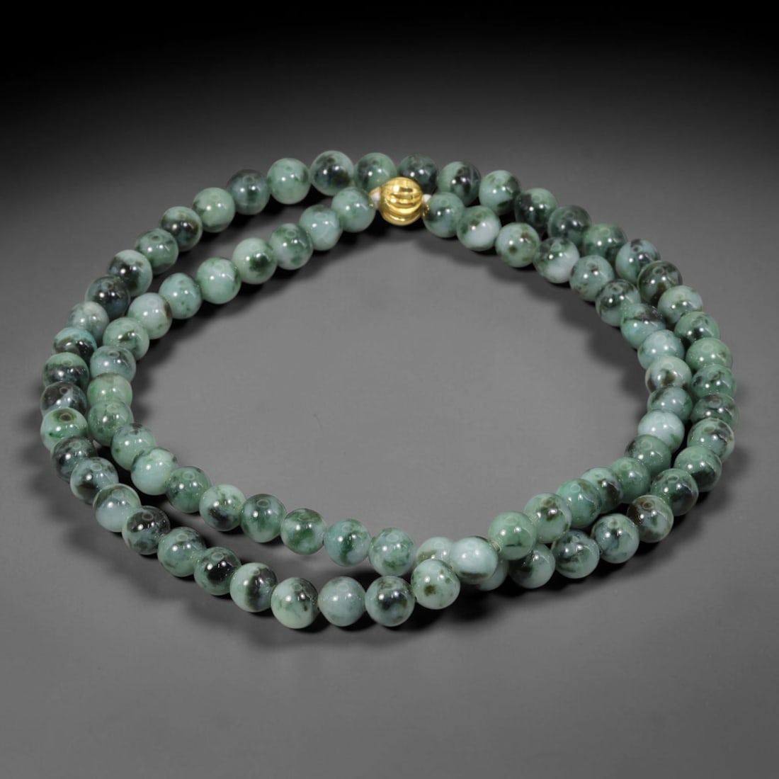Natural Burmese Type A Floating Flower Jadeite Jade Beaded Necklace, 16WY: Formed from untreated Burmese Type A jadeite material, each spherical bead carries naturally formed floating mineral inclusions scattered evenly throughout the stone structure, finished with refined u