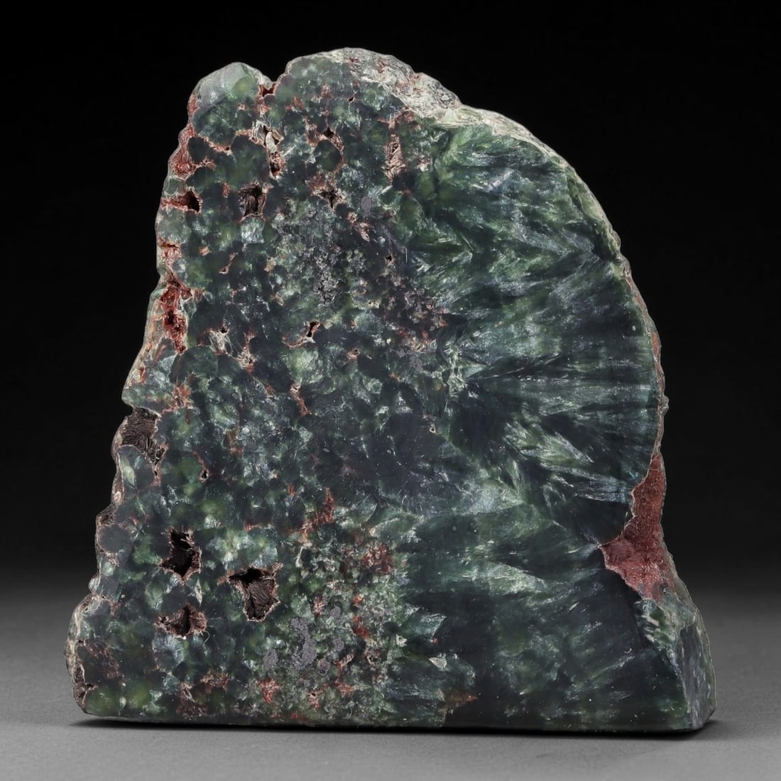 113ct Natural Siberian Seraphinite Polished Rough Slab, 30WV: This polished mineral slab is natural seraphinite originating from Siberian deposits, displaying characteristic radiating crystalline fibrous formations with layered deep forest and silvery green band