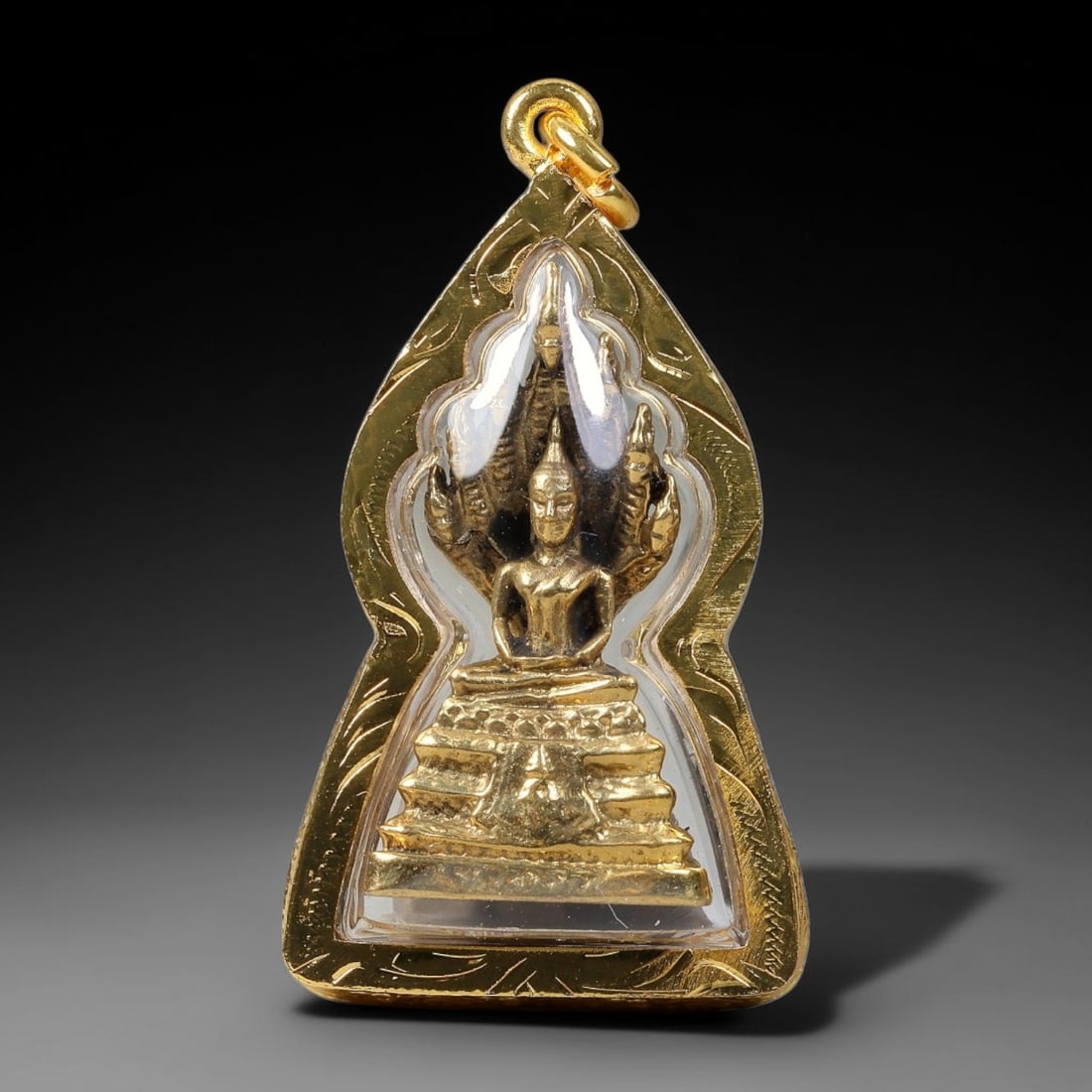 Thai Naga Covered Buddha Phra Nak Prok Dual-Sided Gold Plated Metal Casing Amulet, 46YY: Classic Thai Phra Nak Prok Buddha amulet featuring golden brass Buddha core sealed under clear transparent cover, housed within hand-engraved gold-plated metal casing fitted with polished gold-toned m