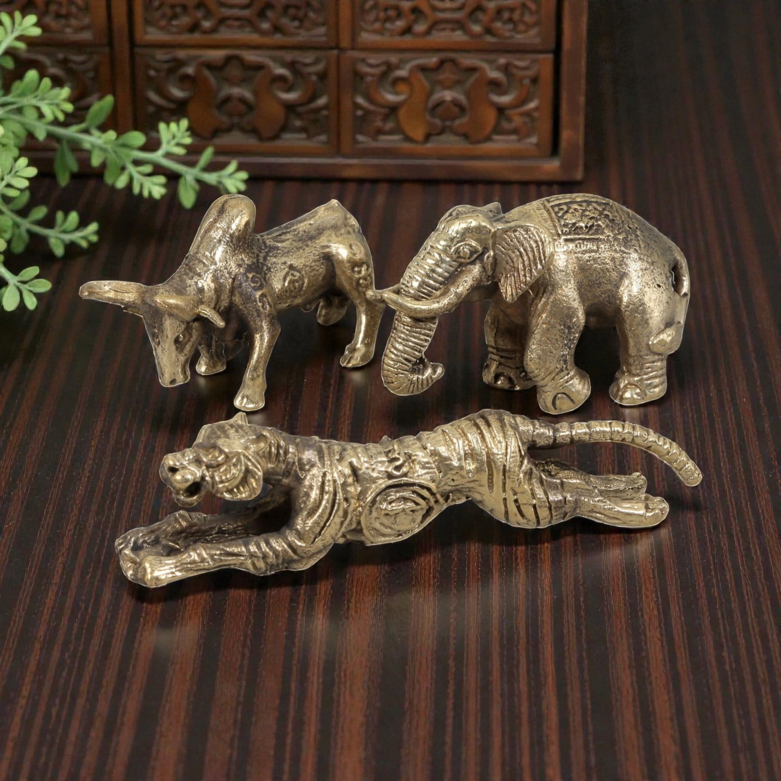 Thai Vintage Copper Alloy Sacred Animal Devotional Figures - 3pcs Set, 84ZB: This set of three devotional figures is crafted from copper alloy, exhibiting a warm aged patina and fine surface wear consistent with vintage Thai folk religious art. The pieces depict stylized sacre
