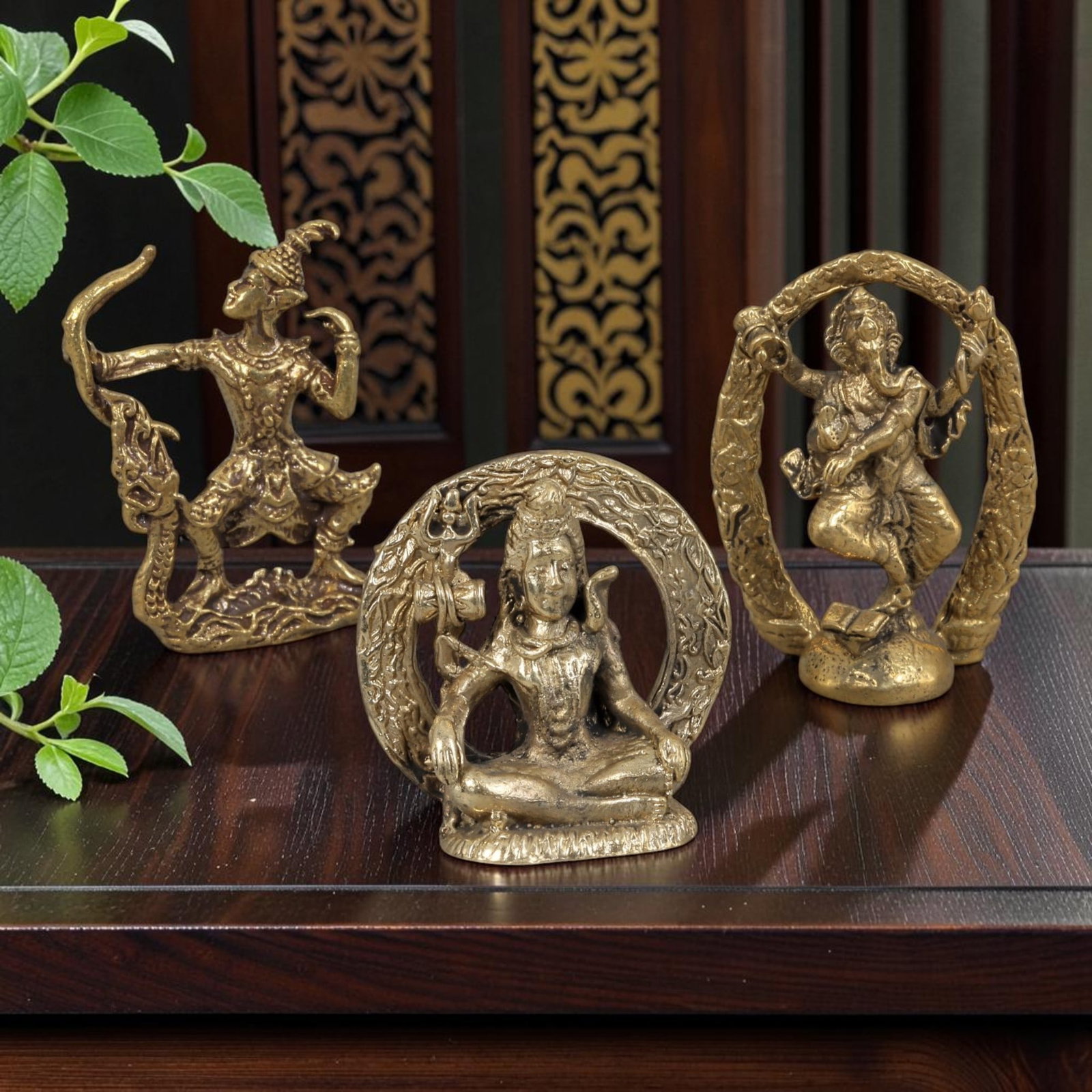 Thai Vintage Copper Alloy Devotional Figures - 3pcs Hindu Buddhist Statues, 94ZB: This set of three devotional figures is crafted from copper alloy, exhibiting the characteristic patina and surface wear of vintage Thai religious art. Each piece features intricate cast details depic