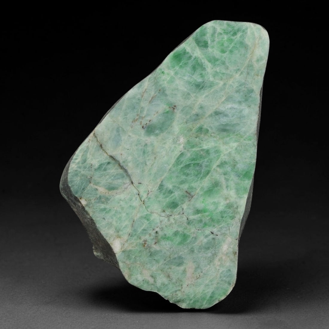 390ct Natural Type A Burmese Jadeite Jade Sliced Rough, 5YK: This specimen is a sliced rough block of natural Type A Burmese jadeite jade. The interior displays natural colour zoning with visible mineral veining and crystalline patterns typical of unprocessed j