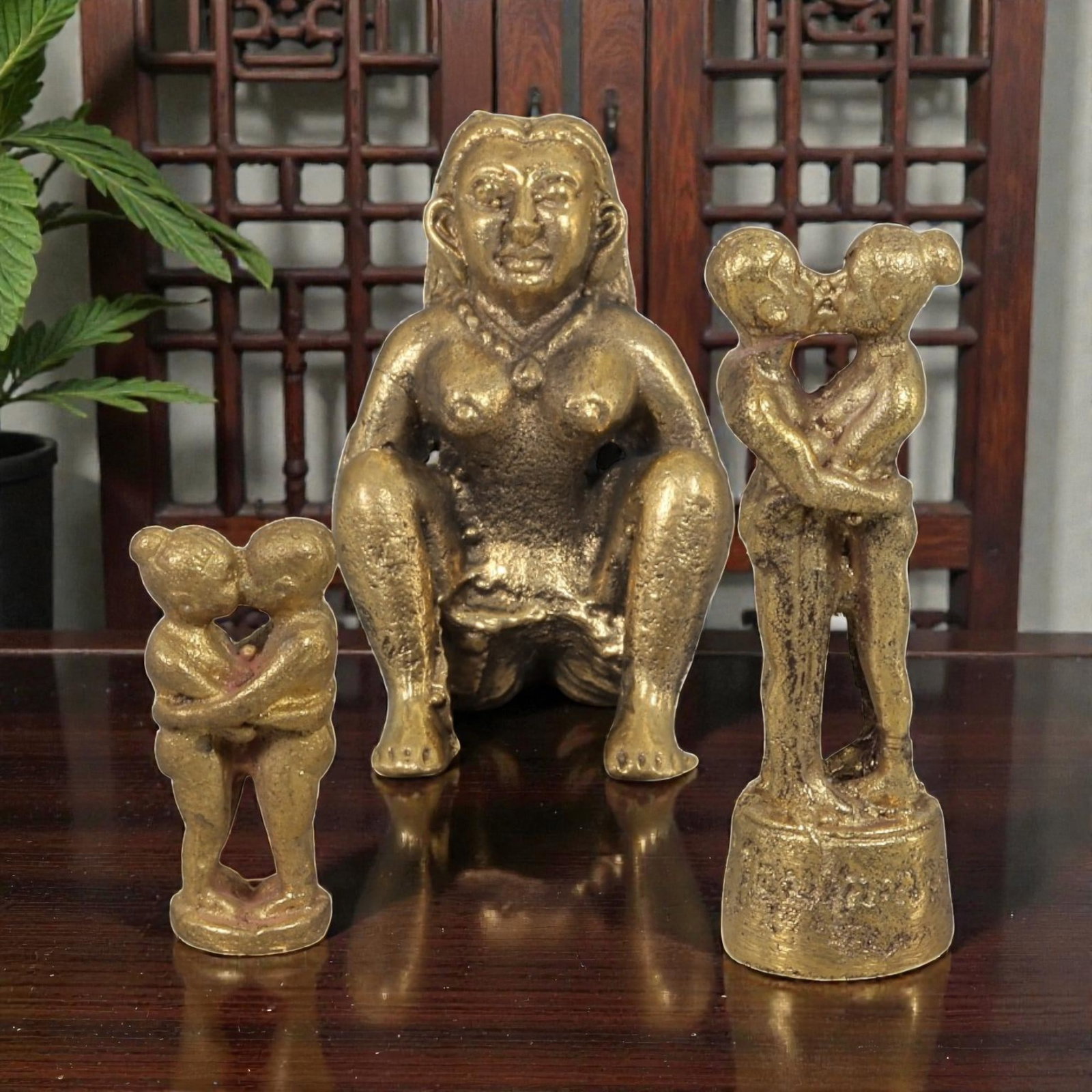 Thai Vintage Copper Alloy Fertility Devotional Figures - 3pcs Set, 75ZB: This set of three devotional figures is crafted from copper alloy, exhibiting a warm golden patina and subtle surface wear consistent with vintage Thai folk religious objects. The pieces include a sea