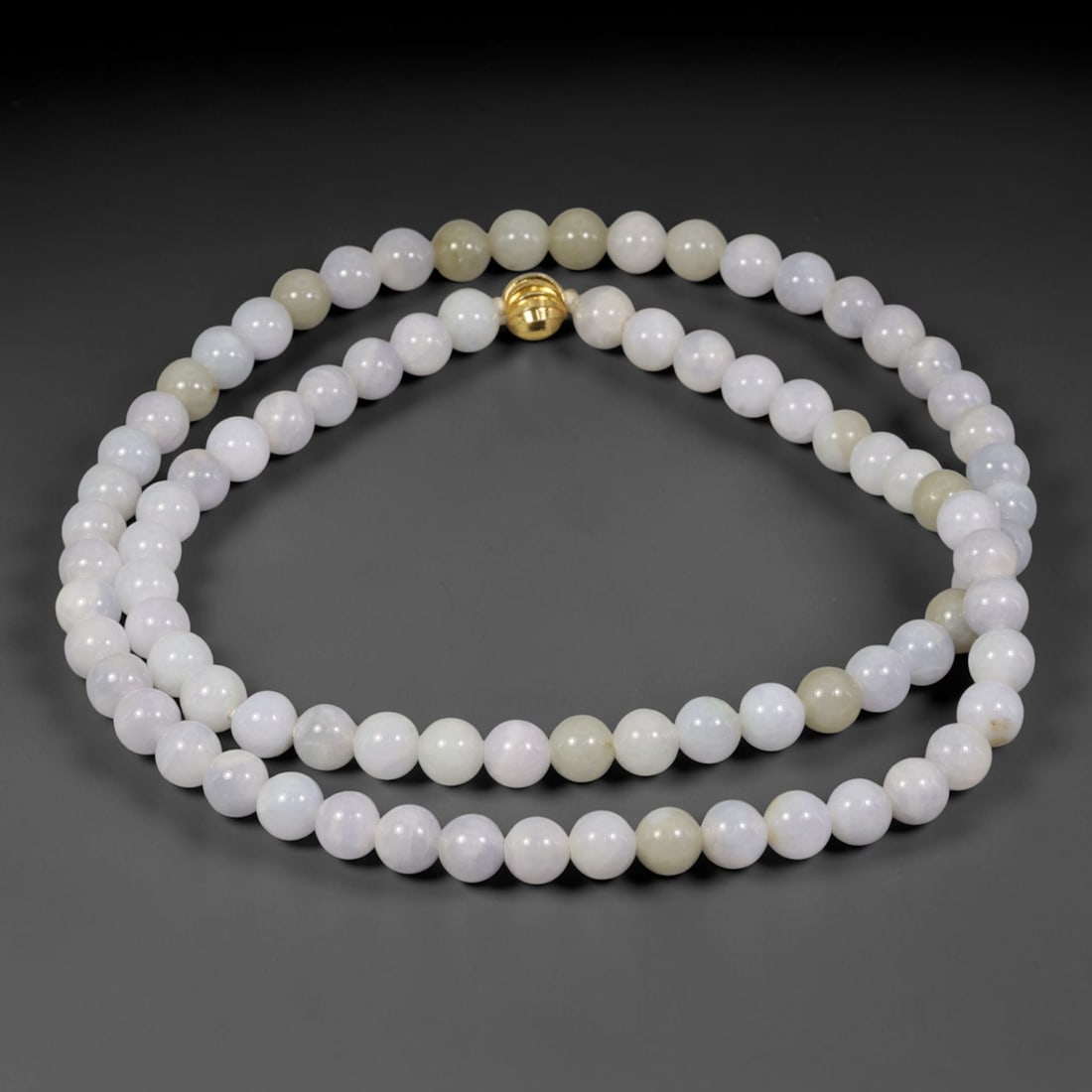 Natural Burmese Type A Pale Lavender Mixed Honey Tone Jadeite Jade Beaded Necklace, 19TF: Crafted from natural Burmese type-A jadeite, this beaded necklace features smoothly polished round beads measuring 7.2mm. Soft pale lavender-white dominates the strand, interspersed with warm muted ho