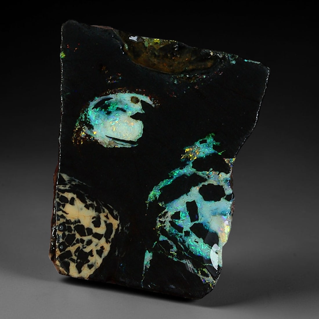 4.70ct Natural Australian Queensland Boulder Opal Sliced Slab Cutting Rough, 79YP: Natural sliced slab rough of Queensland boulder opal cutting grade, featuring rich color ironstone matrix with patterns. The face clearly reveals extensive opal veining and pocket formations running t