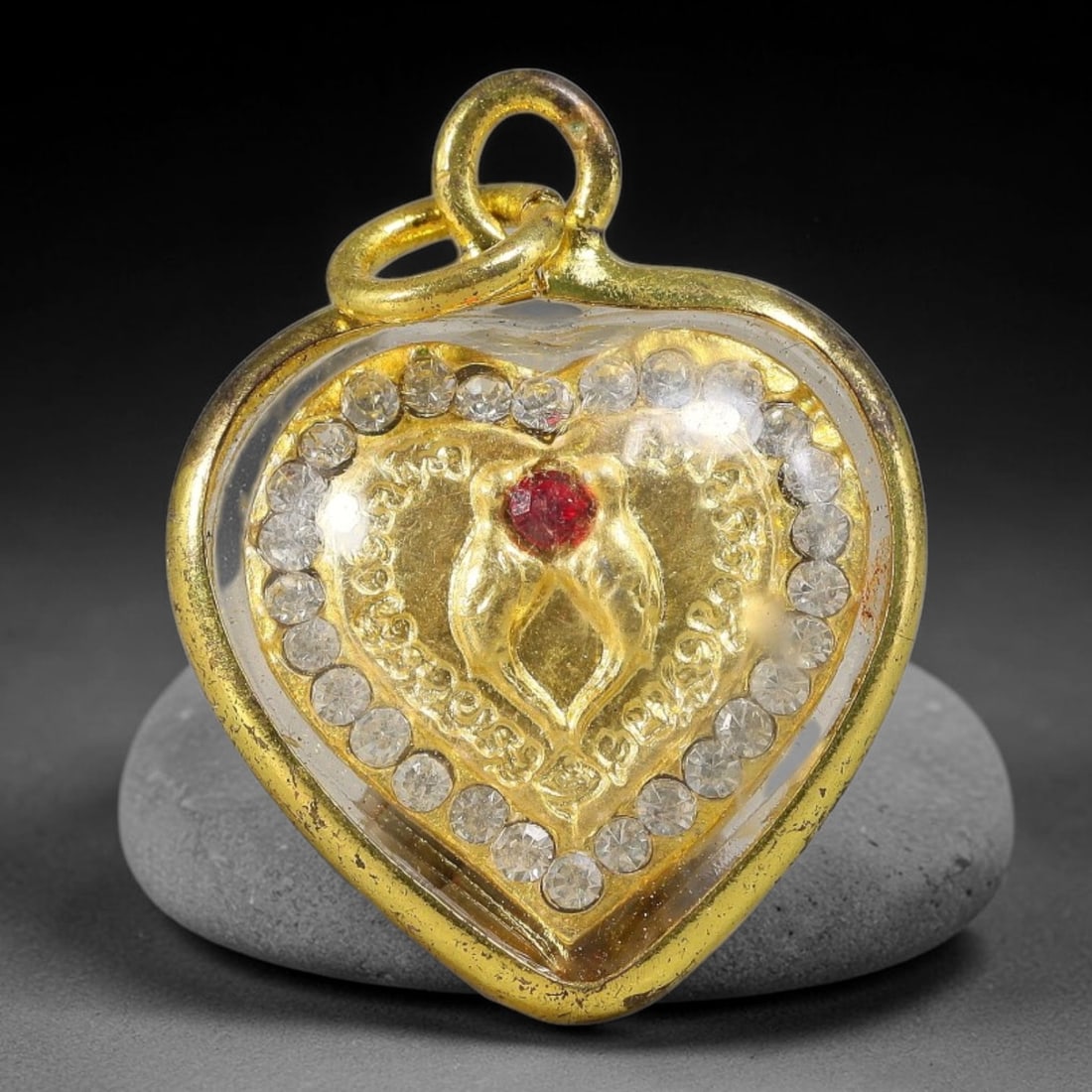 Thai Heart Shaped Love Bird Dual-Sided Gold Plated Rhinestone Casing Amulet, 83YY: Mini heart-shaped Thai love charm amulet with gold metal core sealed under transparent protective cover, encased in polished gold-plated heart frame lined with full clear round rhinestones and fitted 