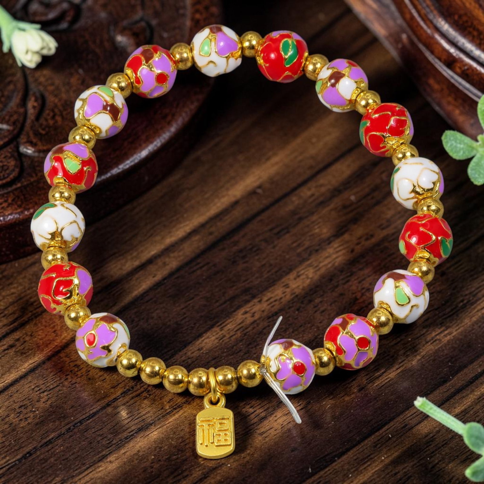 Chinese Cloisonne Enamel Beaded Bracelet - Multicolor Gold Fortune Tag Charm, 66YG: This modern Chinese revival stretch bracelet features round cloisonne enamel beads measuring 8.30 millimeters, blending glossy red, creamy white and soft lavender enamel bases with raised gold-tone sw