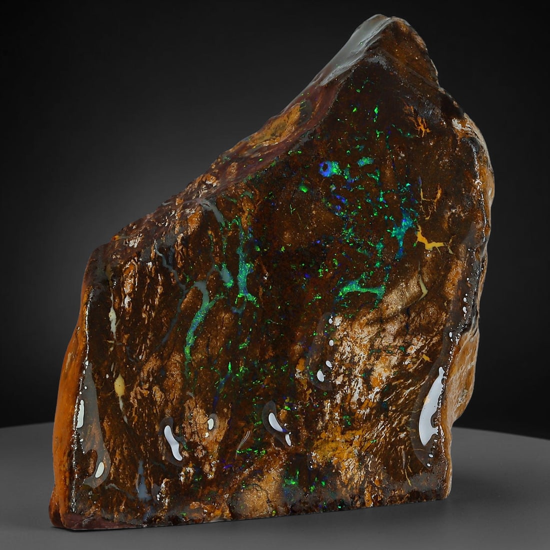 46.46ct Natural Australian Queensland Boulder Opal Sliced Slab Cutting Rough, 38YP: Natural sliced slab rough of Queensland boulder opal cutting grade, featuring rich color ironstone matrix with patterns. The face clearly reveals extensive opal veining and pocket formations running t