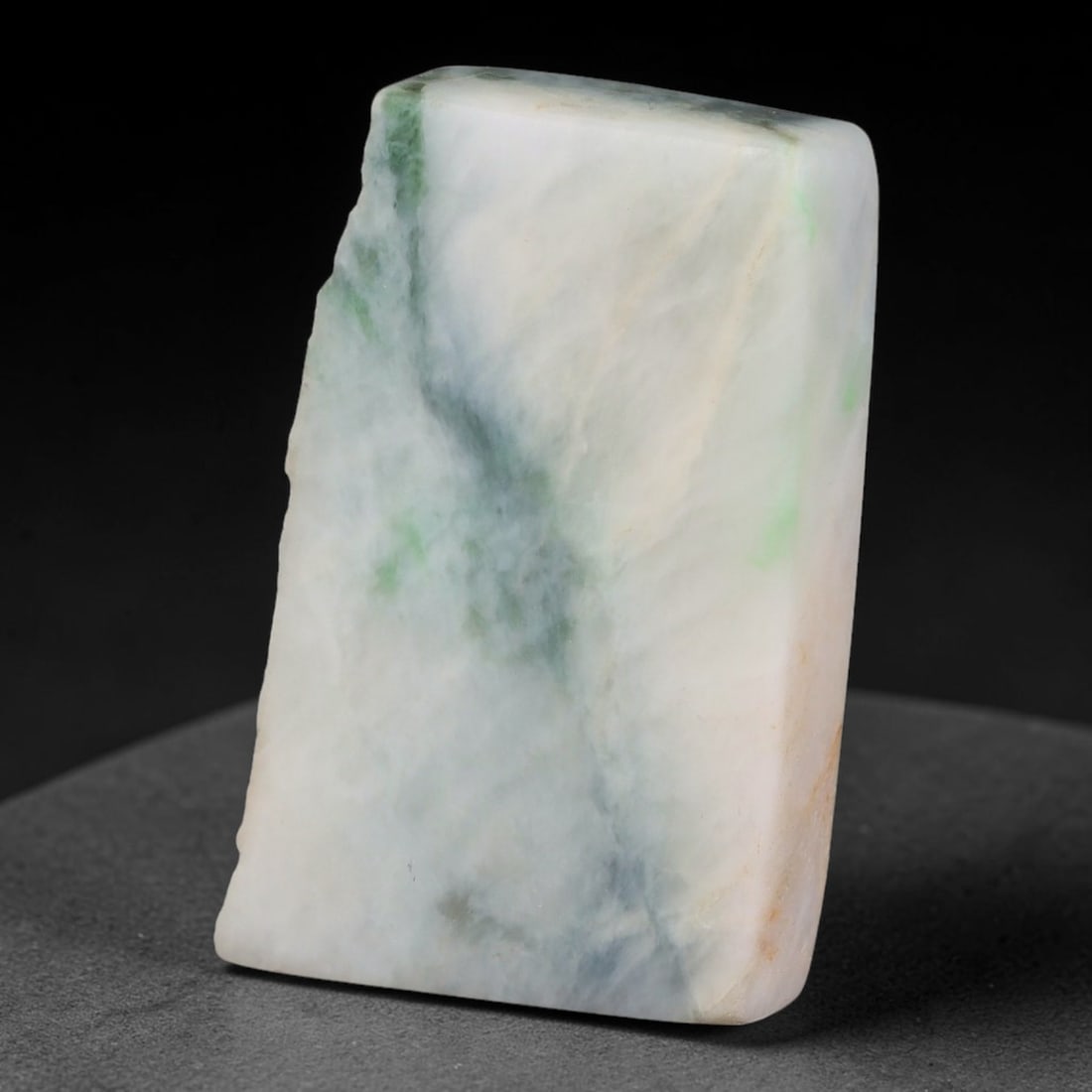 241ct Natural Type A Burmese Jadeite Jade Sliced Rough, 25YK: This specimen is a sliced rough block of natural Type A Burmese jadeite jade. The interior displays natural colour zoning with visible mineral veining and crystalline patterns typical of unprocessed j