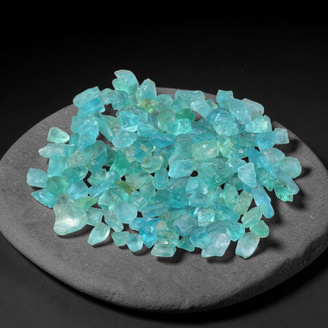 121.15ct Natural Blue Apatite Rough Parcel Loose Gemstone, 52YS: Natural apatite rough parcel featuring fresh bright blue colouration with subtle tonal variations across each crystal piece. Raw crystalline surfaces display authentic natural mineral textures and inh