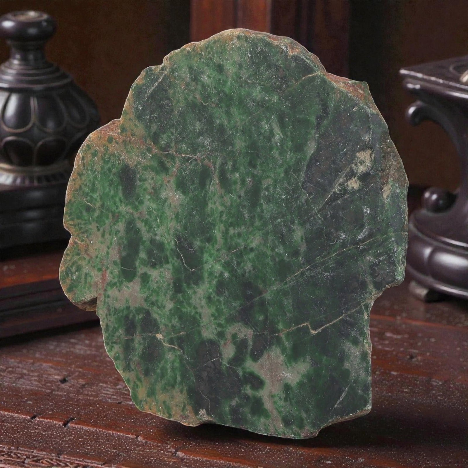280Ct Natural Type A Burmese Jadeite Jade Rough Stone - Green Raw Material, 14ZB: Natural Type A Burmese jadeite rough stone, displaying deep mottled green hues across a cut and polished surface, framed by natural weathered skin along the edges. The stone exhibits distinct mineral 