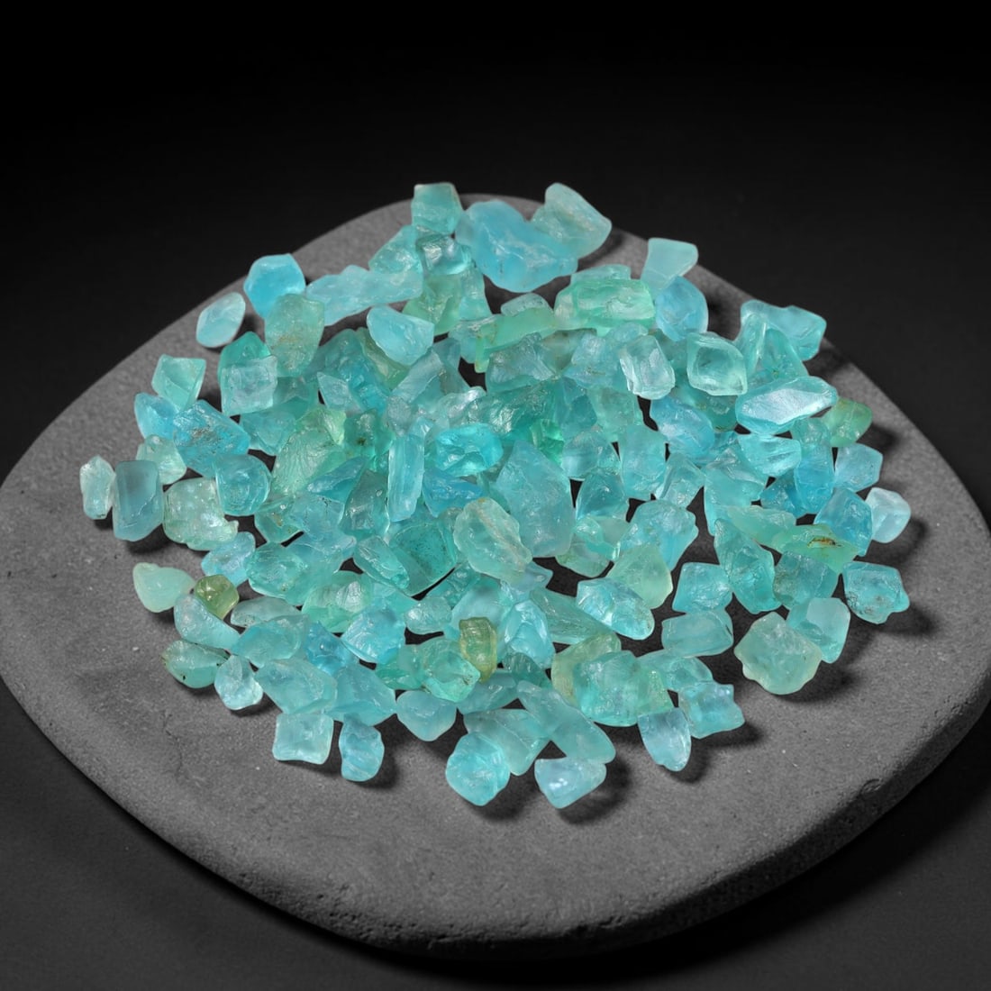 124.76ct Natural Blue Apatite Rough Parcel Loose Gemstone, 56YS: Natural apatite rough parcel featuring fresh bright blue colouration with subtle tonal variations across each crystal piece. Raw crystalline surfaces display authentic natural mineral textures and inh