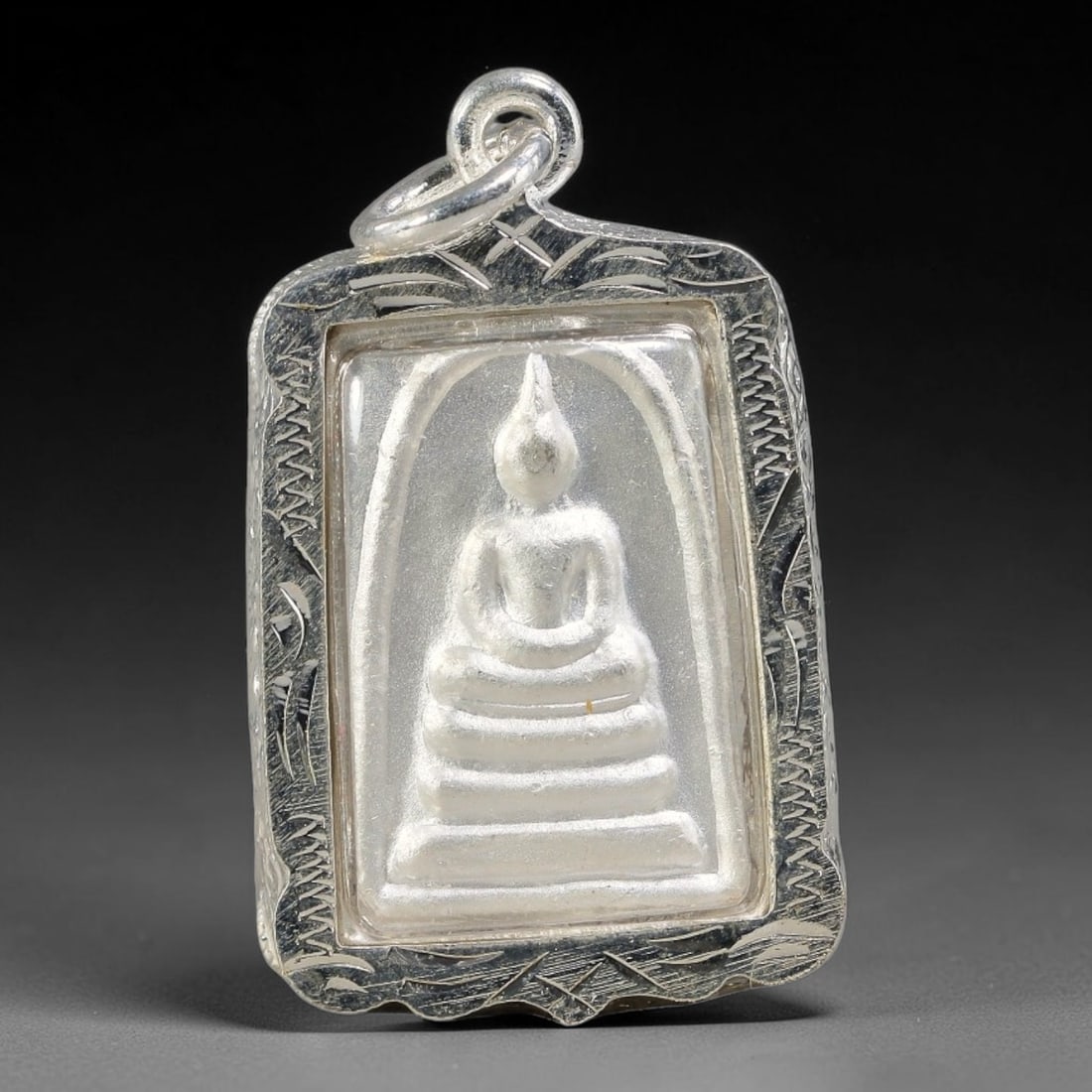 Thai Wavy Rectangular Silver metal Casing Phra Somdej Dual-Sided Amulet, 56YY: Scalloped wavy rectangular Phra Somdej Buddha amulet with solid silver hand-engraved casing and clear transparent protective cover. The front features classic layered seated Phra Somdej Buddha relief 