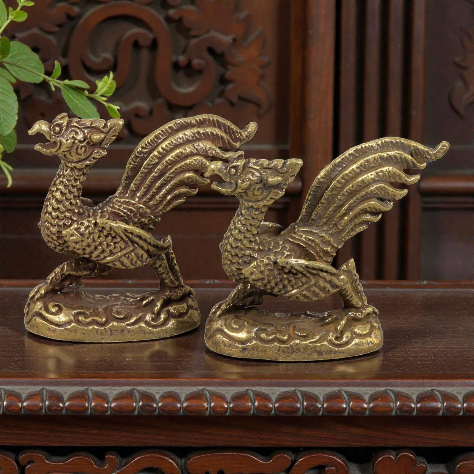 Thai Vintage Copper Alloy Mythical Phoenix Devotional Figures - 2pcs Set, 83ZB: This matched pair of devotional figures is crafted from copper alloy, exhibiting a warm golden patina and subtle surface wear consistent with vintage Thai folk religious art. Each piece depicts a styl