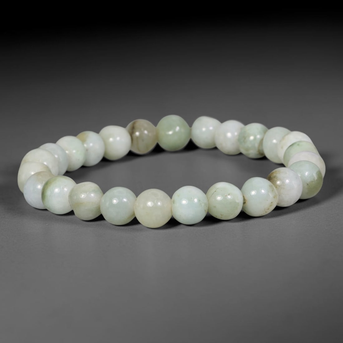 Natural Burmese Type A Pale Green White Jadeite Jade Beaded Bracelet, 89TA: Crafted from untreated natural Burmese Type A jadeite jade beads with maximum bead dimension of 9.46mm, this wearable strand features a gentle polished finish displaying soft pale green and white natu