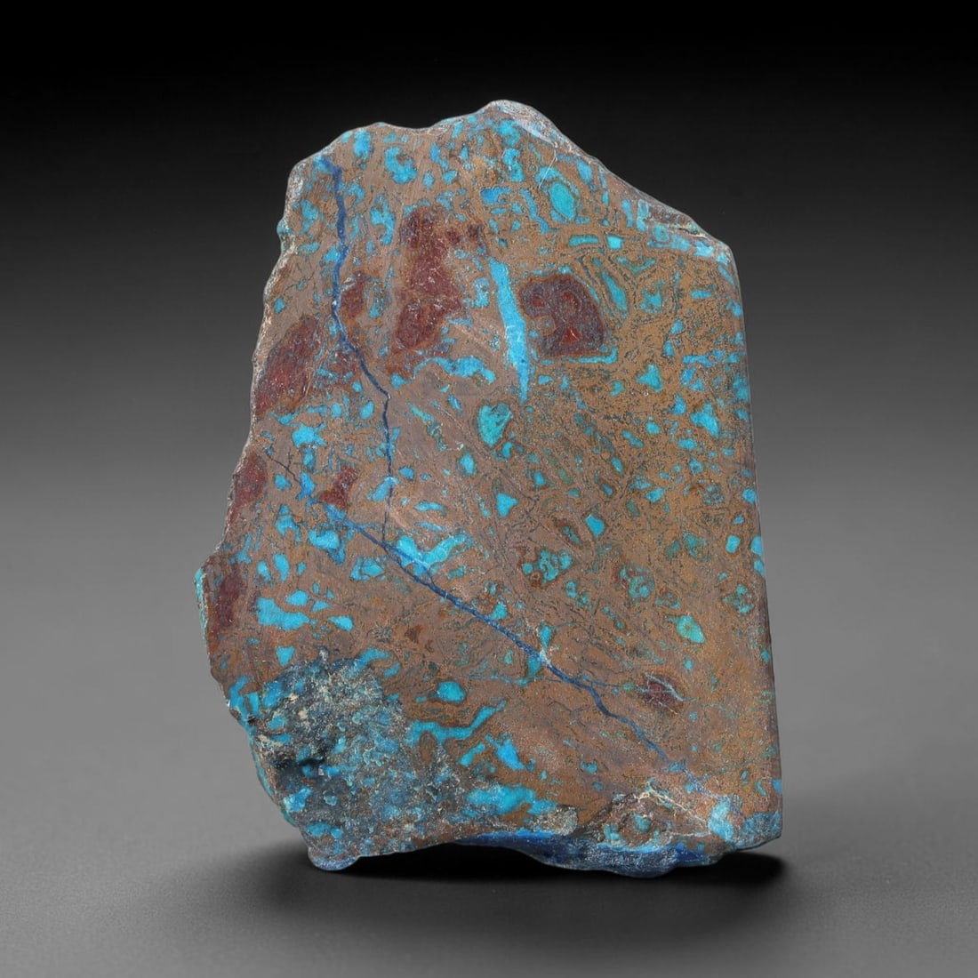 123ct Natural Peruvian Chrysocolla Polished Slab Rough, 38WV: This partial-polished chrysocolla slab features blended mineral matrix with smooth refined face and unaltered natural rugged edge across its 39x28x11mm elongated form, translucent mineral layers hold 