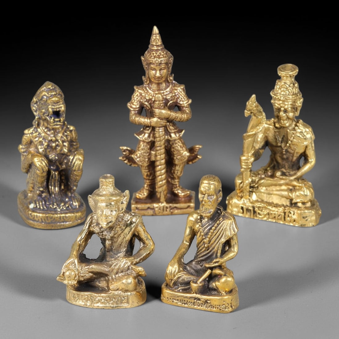 Thai Vintage Copper Alloy Guardians & Hermit Master Mini Amulet Statues - 5pcs Set, 7YZ: Vintage Thai copper alloy miniature sacred figurine set of five pieces, each sized 4.3x2.0cm. The collection features crouching Hanuman monkey deity, standing temple giant guardian holding sacred mace