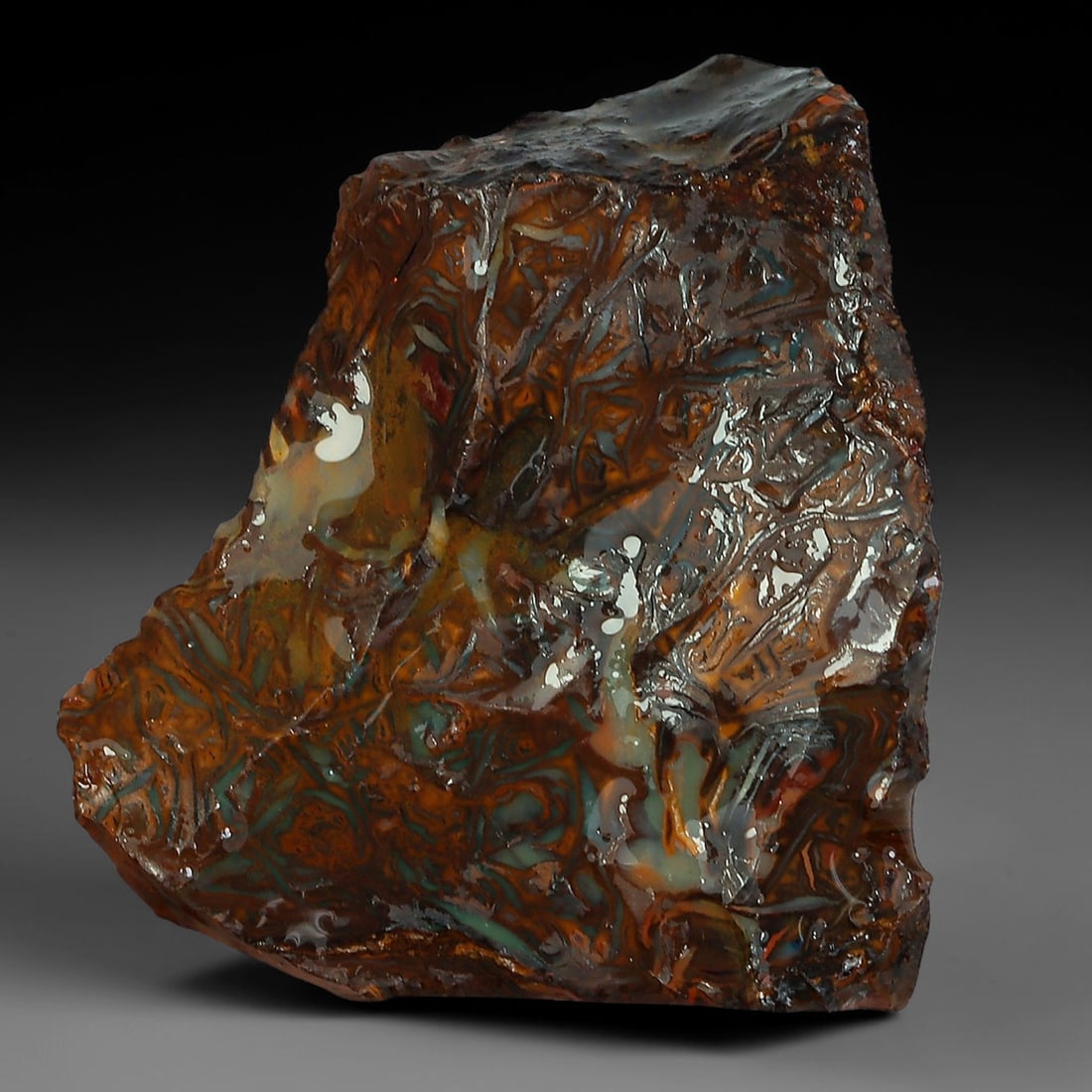 24.35ct Natural Australian Queensland Boulder Opal Sliced Slab Cutting Rough, 78YP: Natural sliced slab rough of Queensland boulder opal cutting grade, featuring rich color ironstone matrix with patterns. The face clearly reveals extensive opal veining and pocket formations running t