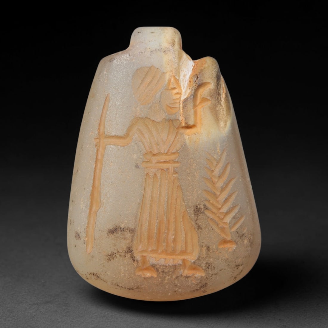Ancient Sasanian Hand Engraved Chalcedony Plaque Amulet, 44WT: Mid-sized antique wearable sacred tablet expertly carved from natural translucent chalcedony mineral, originating from ancient Sasanian Persian cultural and devotional craft traditions. Chalcedony was