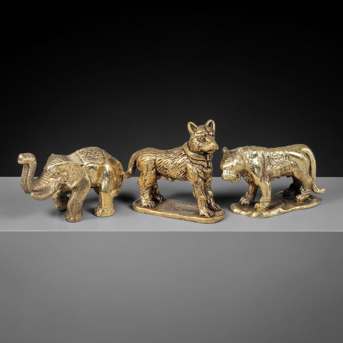 Thai Vintage Copper Alloy Sacred Animal Devotional Figures - 3pcs Set, 94YY: Mini vintage copper alloy sacred animal statuette set including 3 pieces, each sized 3.5x2.0cm. This collection features finely carved elephant, standing dog and tiger figurines with antique golden ag